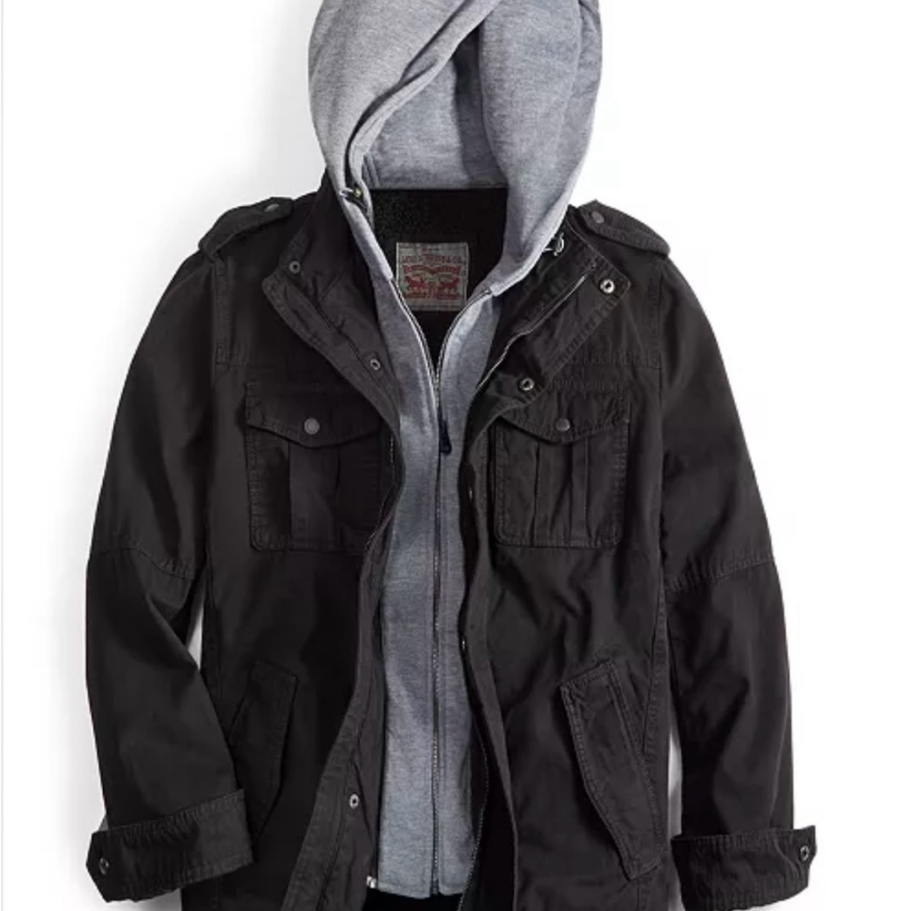 Men’s Black Levi’s Jacket with Gray Hoodie